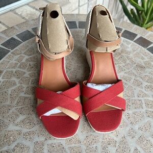 NIB Lucky Brand Women's Maeylee Espadrille Wedge Sandals Rancho Red Canvas 9.5